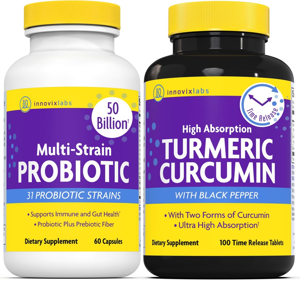 InnovixLabs Multi Probiotic & Curcumin Bundle Multi- Strain Probiotic (60 Time- Release Kapsle) Turmeric Curcumin (100 Time- Release Tablety). Podporuje Gut a imunitní zdraví. *