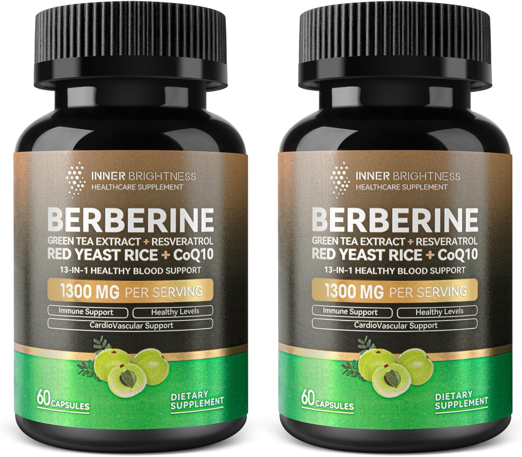 Berberine 1300mg se Zeleným čajem Extract, Resveratrol, Red Yeast Rice & CoQ10 - 13- in-1 imunitní zdraví, Natural Metabolic Support - 60 Kapsle - Non- GMO, Lab Tested - 2 Pack