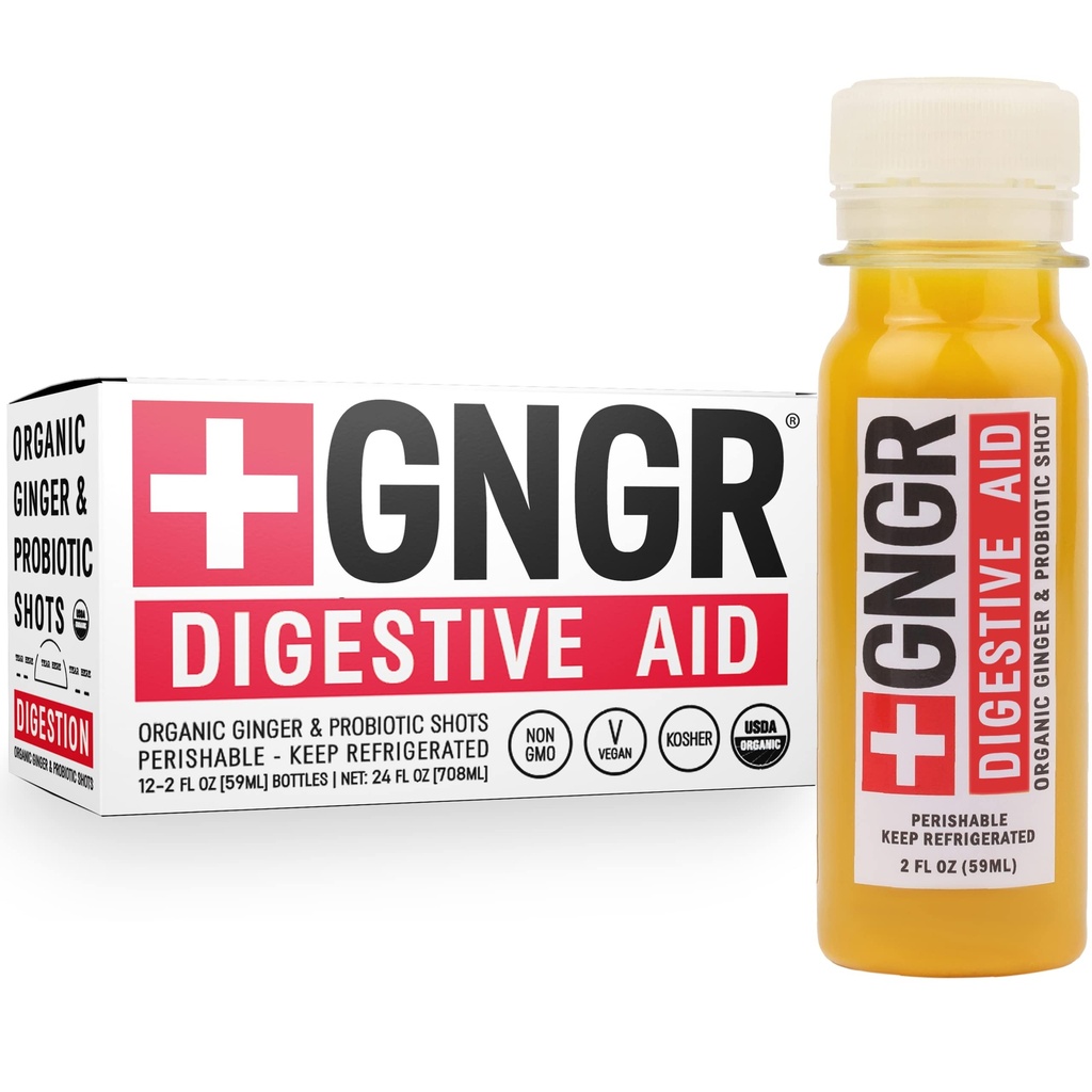 + GNGR Digestive Aid Organic Ginger Shots with Probiotics, Gut Health, Colon Cleanse, Bloating Relief, Gut Detox, Imunity Shots with Ginger Juice, Turmeric, Black Pepper. (2 Oz, balení 12)
