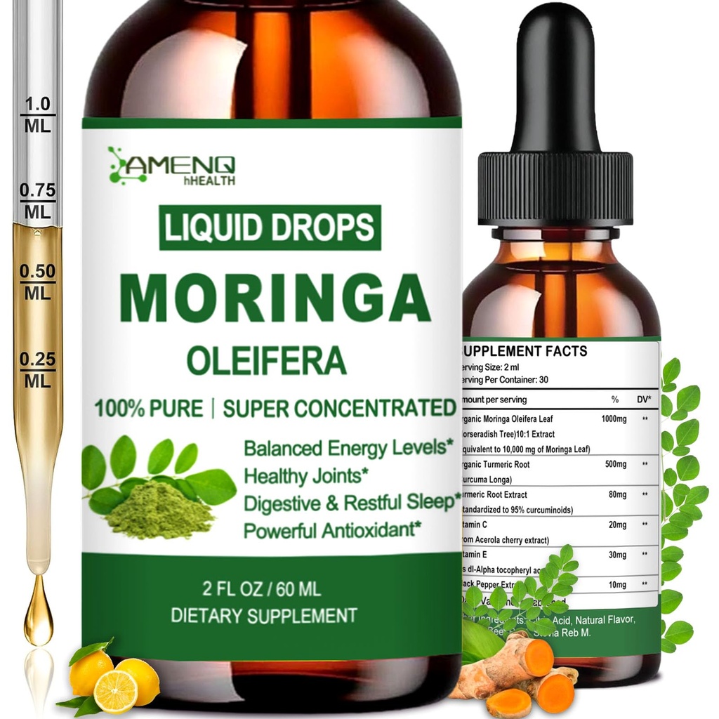 Pure Moringa Oleifera Liquid Drops, Organic Moringa Leaf Extract w. Turmeric, Black Pepper, Moringa dodatek pro energetický metabolismus imunitní kůže kloub & gut, 6X silnější než Moringa kapsle prášek