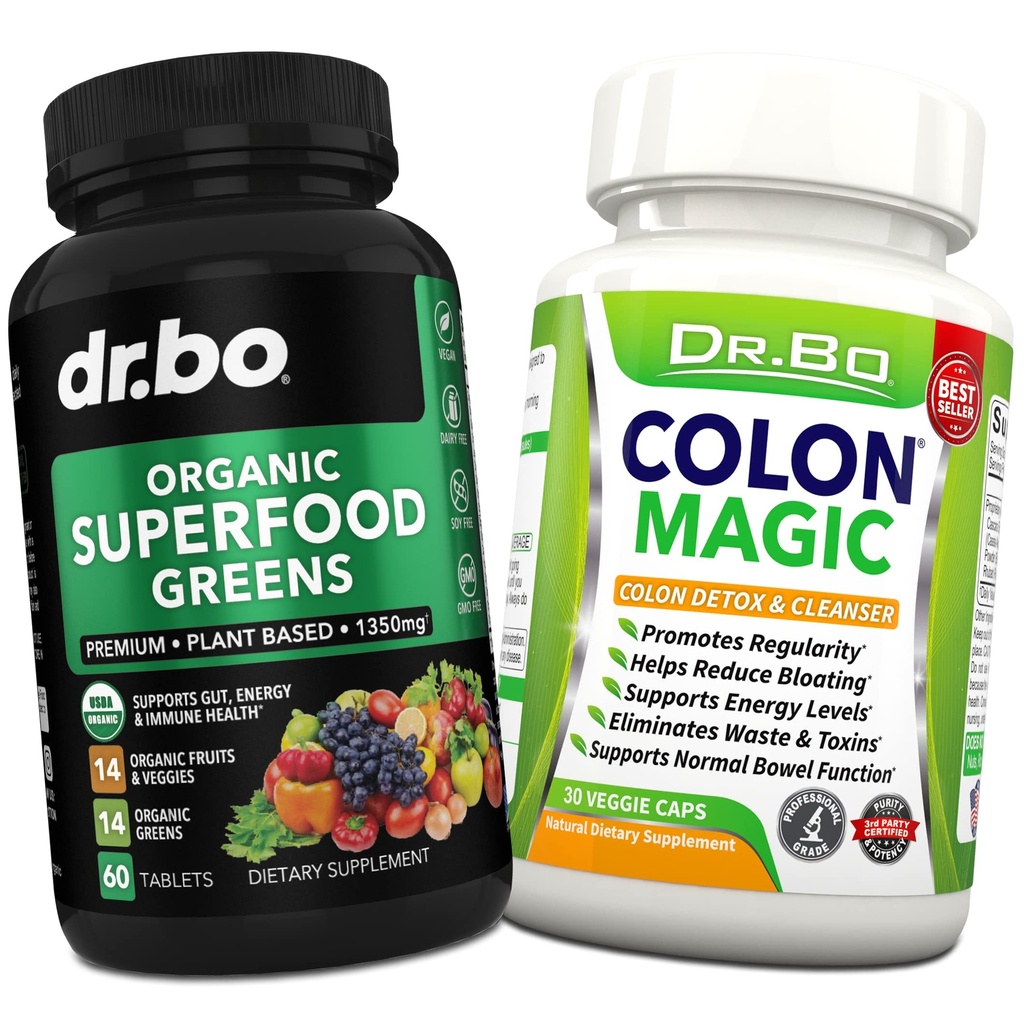 Organické Superfood Zelené a ovocné doplňky - Colon Cleanse Detox Formule pro nadýmání střev - Green Veggie Powder Blend Zeleninové potraviny & Zácpa Relief Dodatek Gut, Břicho, Žaludek