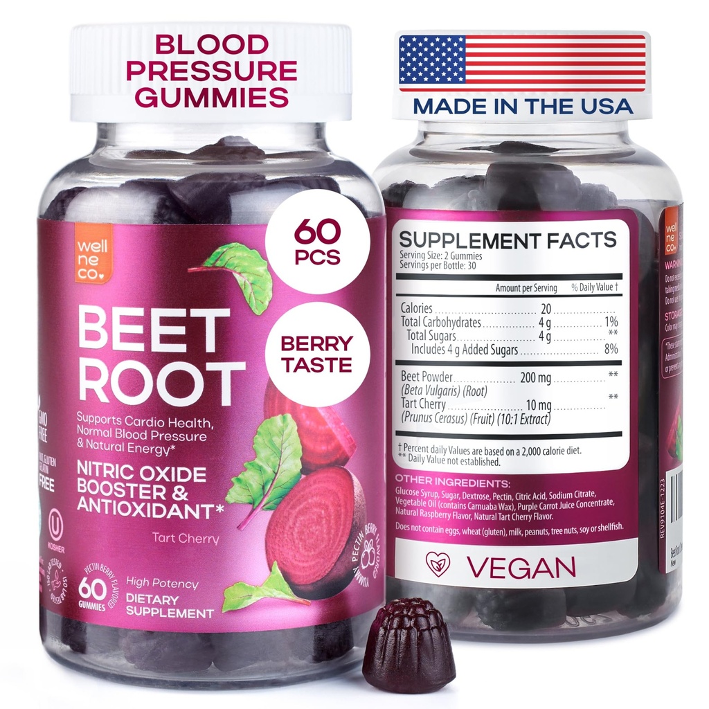 Beet Chews for High Blood Pressure - Řepné kořenové gumy Made in USA with Tart Cherry - Nitric Oxide Supplementary for Energy and Cardio Health - Vegan, No GMO, Pectin based - pro ženy a muže, 60 Pcs