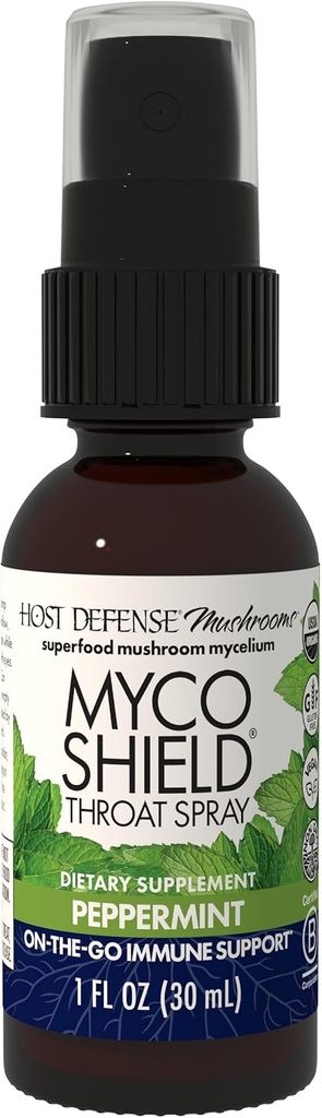 Hostitelská obrana MycoShield Krční sprej - Imunitní podpora zdraví - Dietní houba dodatek s Chaga, Reishi, Turecko Ocas & More - On-The- Imunitní podpora - Peppermint, 1 fl oz (71 Služeb) *