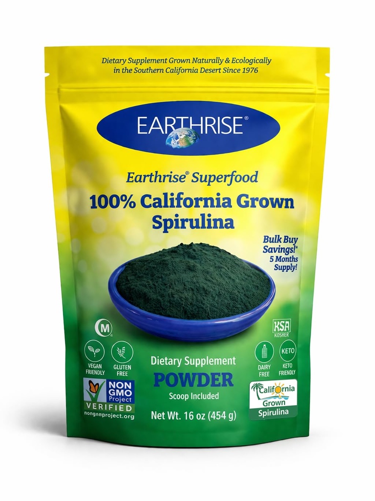 Earthrise Spirulina Natural Powder 16oz, Natural Premium Spirulina z Kalifornie-Vegan, gluten Free, Keto Friendly, Non-GMO Super Food high in Vitamíny & Minerály. (1 LB)