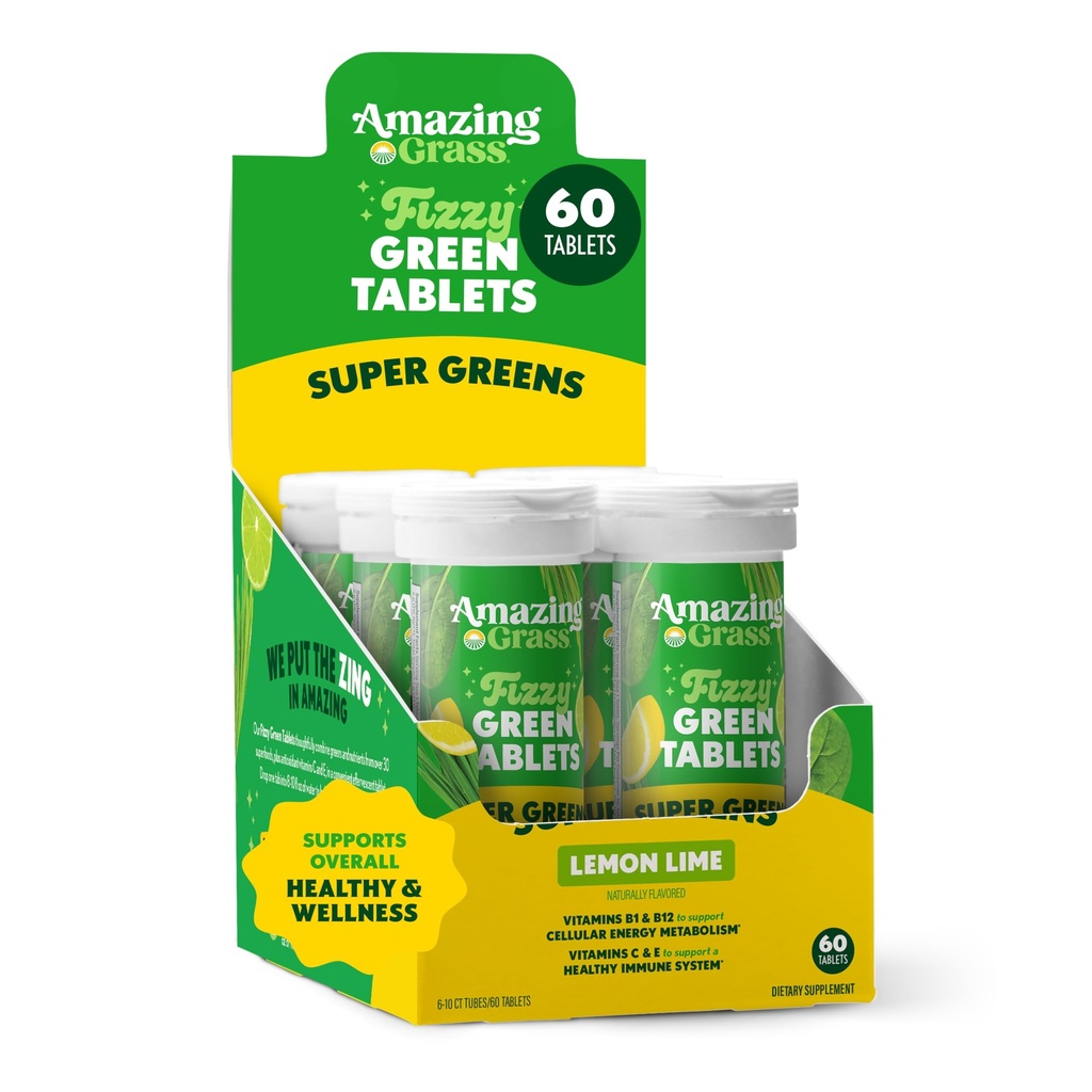 Amazing Grass Effervescent Tablety: Zelená Superfood Voda Ochucení Tablet s antioxidanty & Alkalizace Zelených, Lemon Lime, 60 Počet