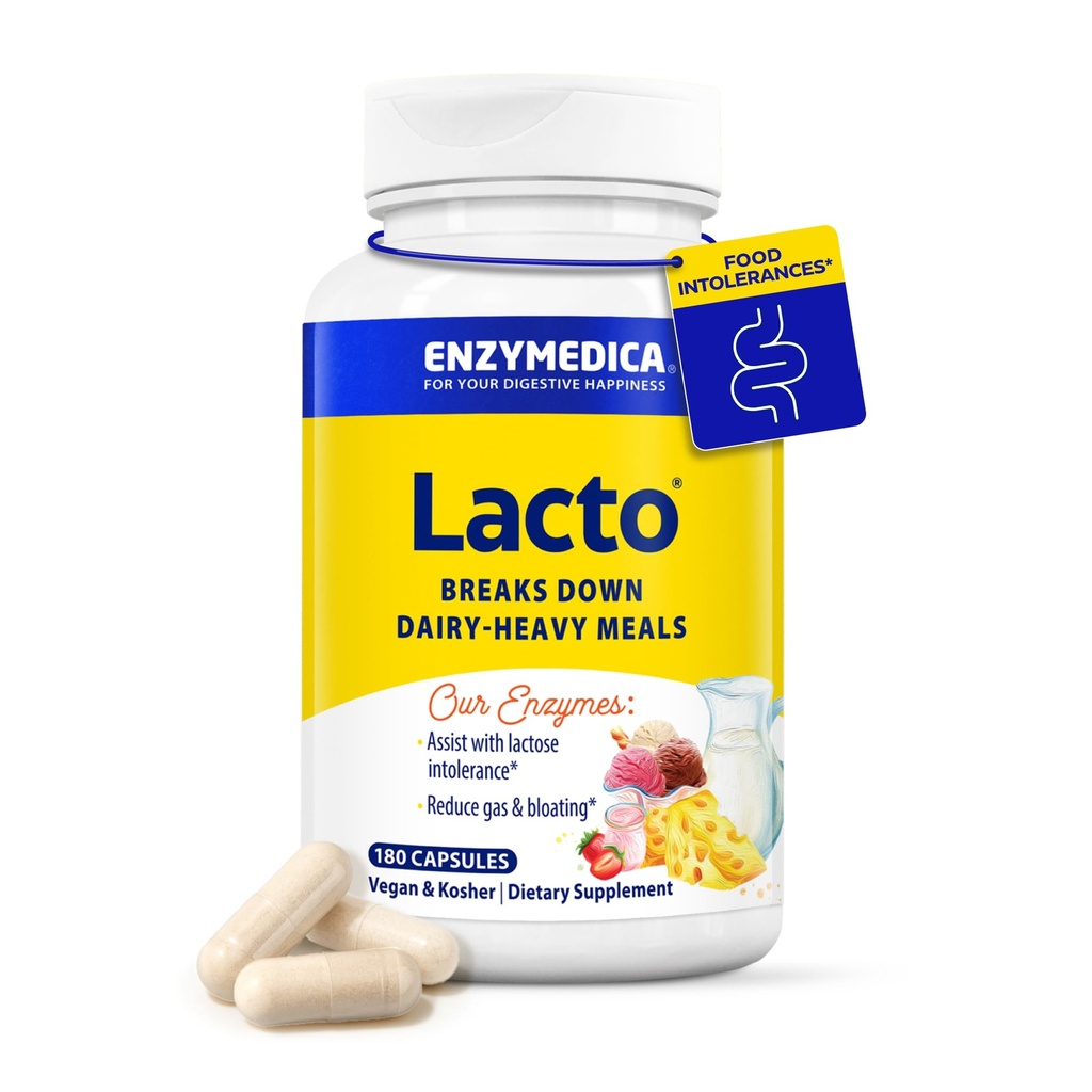 Enzymedica Lacto, Advanced Lactase Pills for Dairy Support, Helps Break Down Laktosa, Casein & Fat, Dairy Relief Pills, Vegan, 180 Kapsle