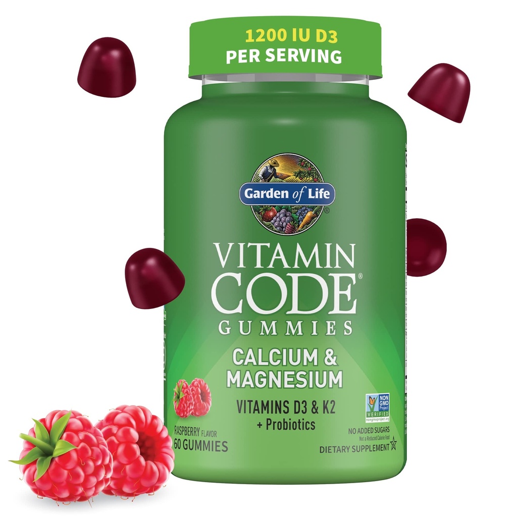 Zahrada života vitamin kód vápník hořčík gumy s D3 & K2, podporuje zdraví kostí a sílu kostí + Prebiotika a probiotika pro stravovací podporu, Non- GMO, gluten- free, 60 Malina gumy