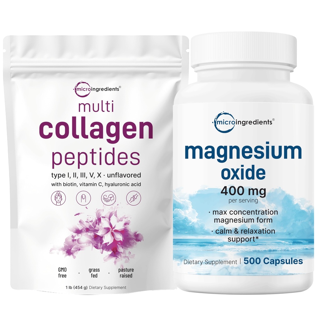 Micro Ingredients Multi kolagen protein Powder 16oz & Magnesium Oxide 400mg Bundle Pack CU124; Grass- Fed Collagen Peptides CU124; Elemental Form for Max Concentration