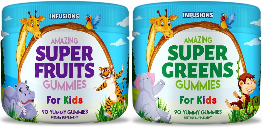 Infuze Super Ovoce a Super Green Gummies pro děti 180 Hrabě Superfood Směs Měkké a lahodné gluten zdarma Non- GMO