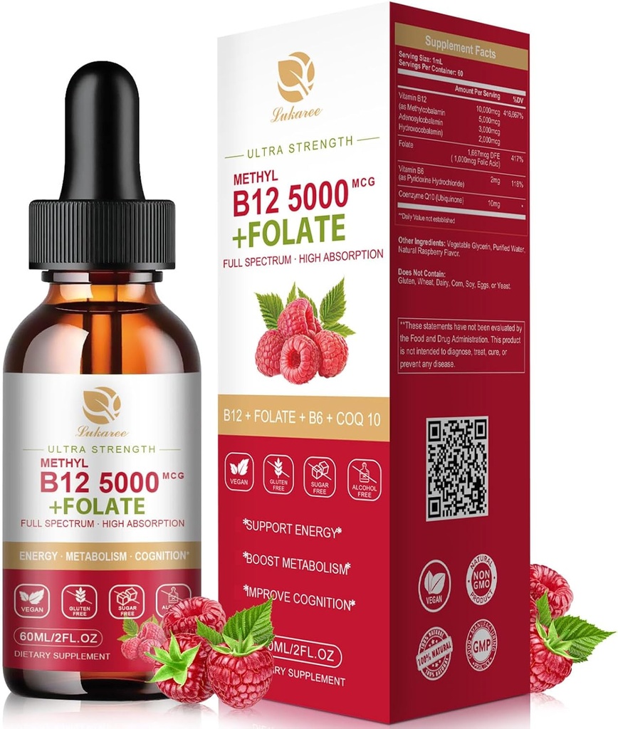 Lukaree Vitamin B12 Sublingvální kapky Vegan B12 Vitamíny Liquid- Full Spectrum- Methylkobalamin, Adenosyl & Hydroxy B12, for Energy, Focus, Mood & Imunitary Support - 2 měsíce dodávky, 2 fl oz