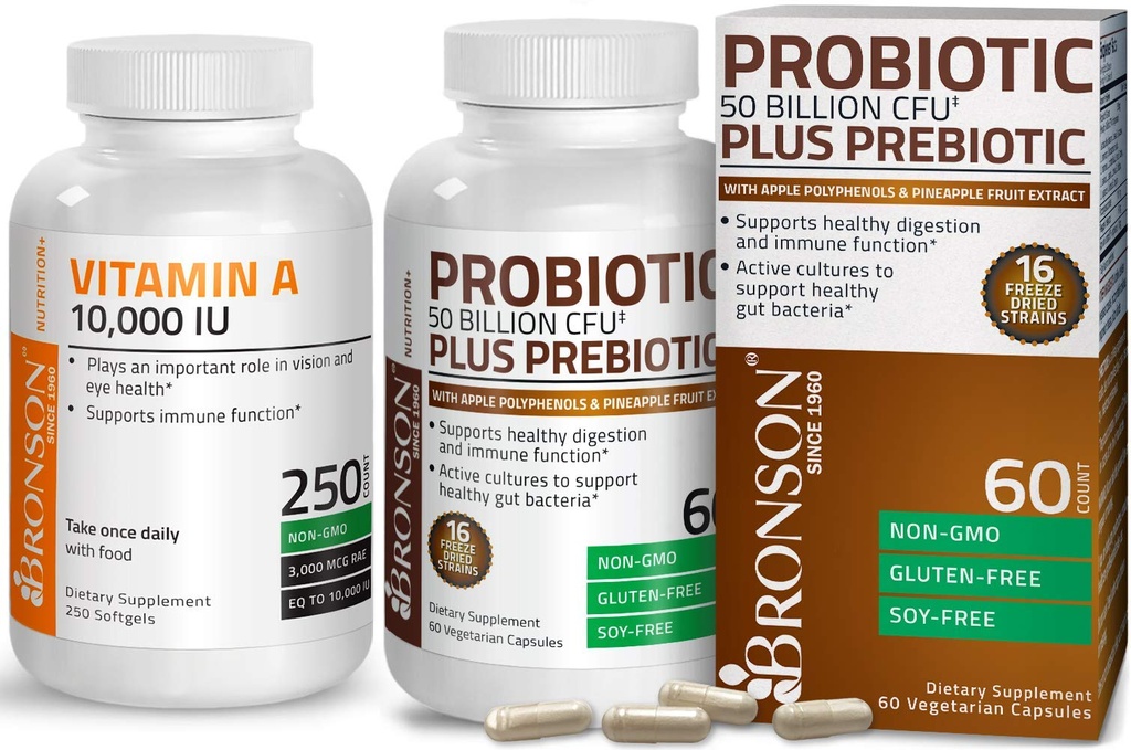Bronson Probiotic 50 miliard CFU + Prebiotic s jablečným polyfenolem a ananasovým ovocným extraktem + vitamín A 10 000 IU Premium Non- GMO Formule