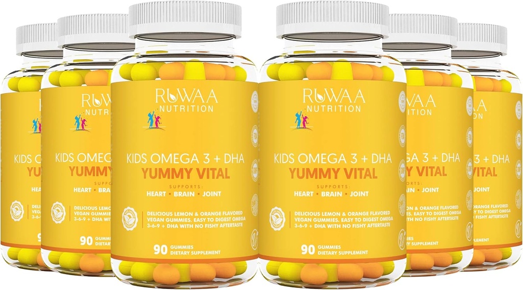 RUWAA NUTRITION Kids Omega 3 Gummies DHA EPA Omega 3 Dodatek Kids. No Fish Oil After-Taste Vegan Omega 3 6 9 + DHA Gummies & Vitamin C. Cognitive Health, Focus, Vision. Children Omega 3 540ct (6)