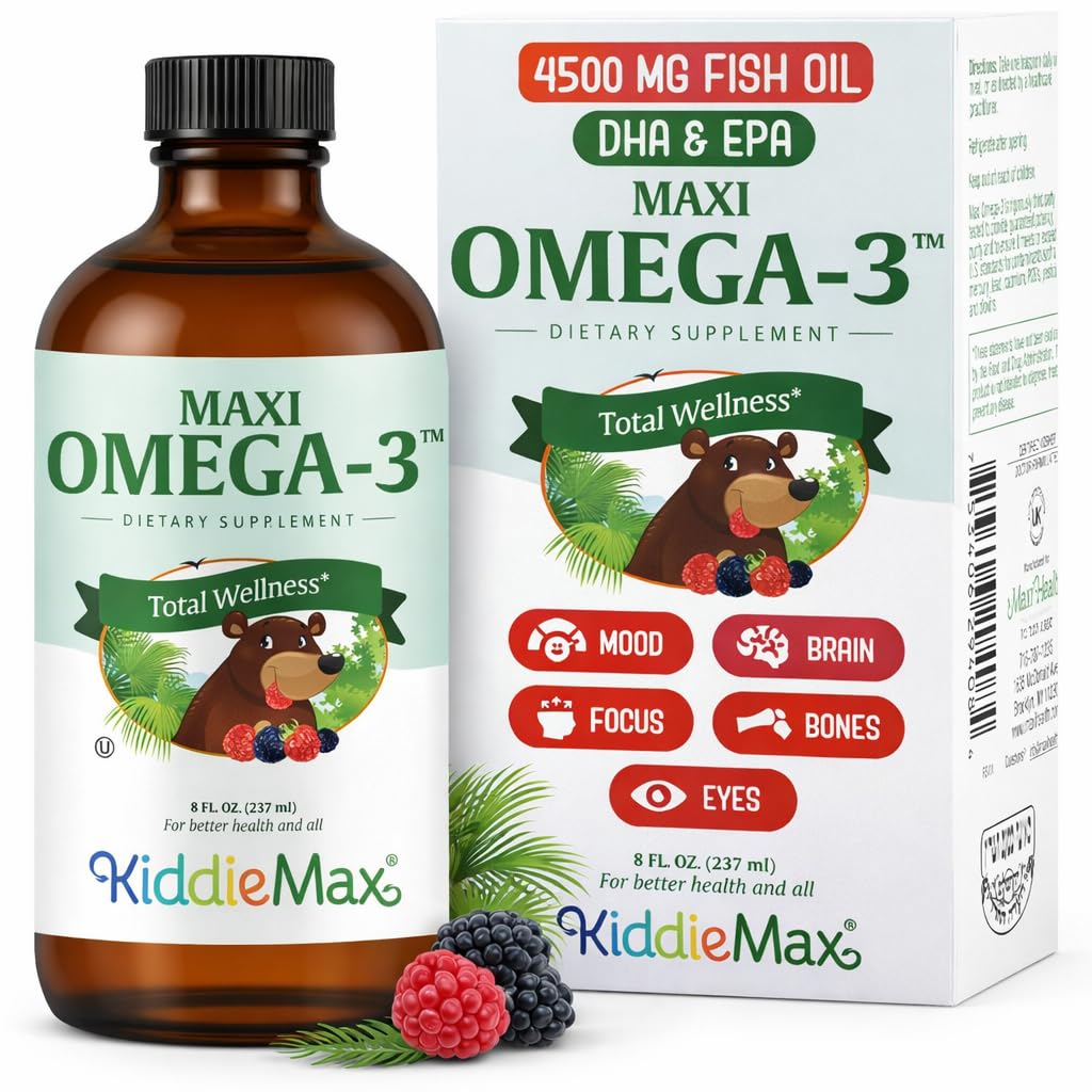 Maxi Health Omega 3 pro děti dodatek - Kosher Omega 3 Kids Fish Oil Liquid with DHA & EPA - Liquid Fish Oil Supplement with Fruity Burst Flavor to Support Mood, Brain, Focus, Bones & Eyes (8 oz)