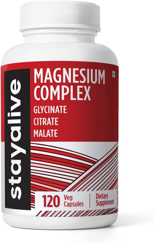 STAY ALIVE Triple Magnesium Complex Supplement 500mg, Chelated Glycinate, Citrát & Malate Powder, High Absorption Magnesium pro ženy a muže, 120 pilulky, Non- GMO & gluten- Free Kapsle