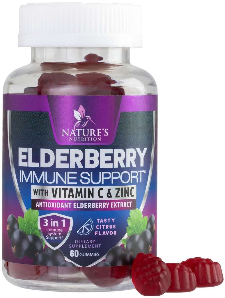 Imunitní Support Gummies - Sambucus Elderberry Gummy s Elder Berry Extract, Zinek & Vitamin C, Přírodní Vegan Imunitní Supplement pro dospělé a děti, Gummy Elderberry Vitamíny - 60 Gumy