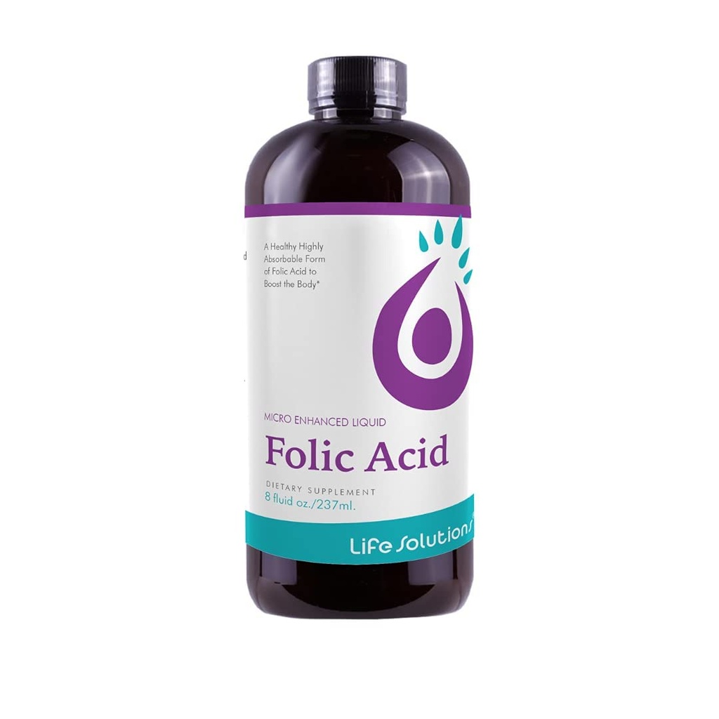 Life Solutions Liquid Folic Acid Supplement - 800 mcg vitaminu B9 per Serving - Berry Flavor, 8 fl oz - Fast Absorpce, Prenatal, Heart & Brain Support