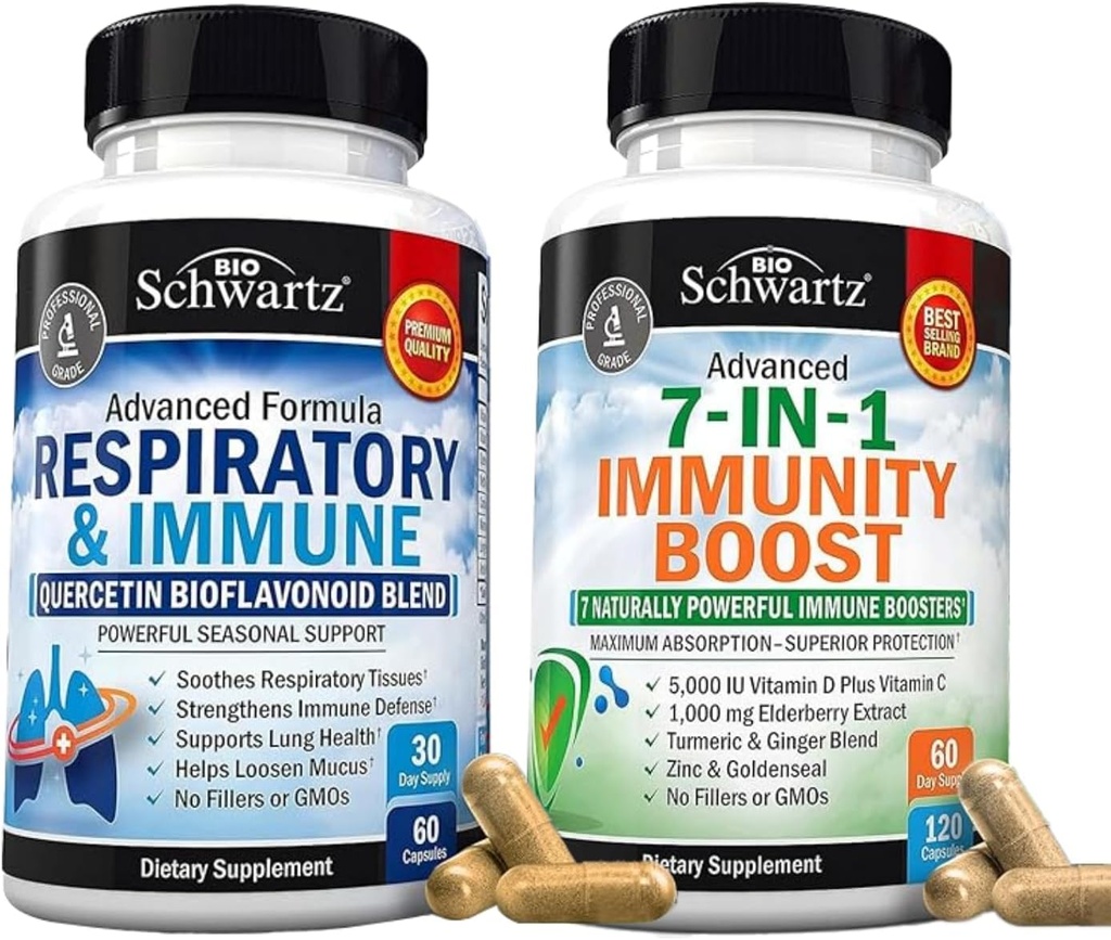 BioSchwartz Respirační a imunitní Lung Supplement s Quercetin (1 měsíční zásoba) Plus 7 v 1 Imunitní Supplement s antioxidanty (2 měsíční dodávka)