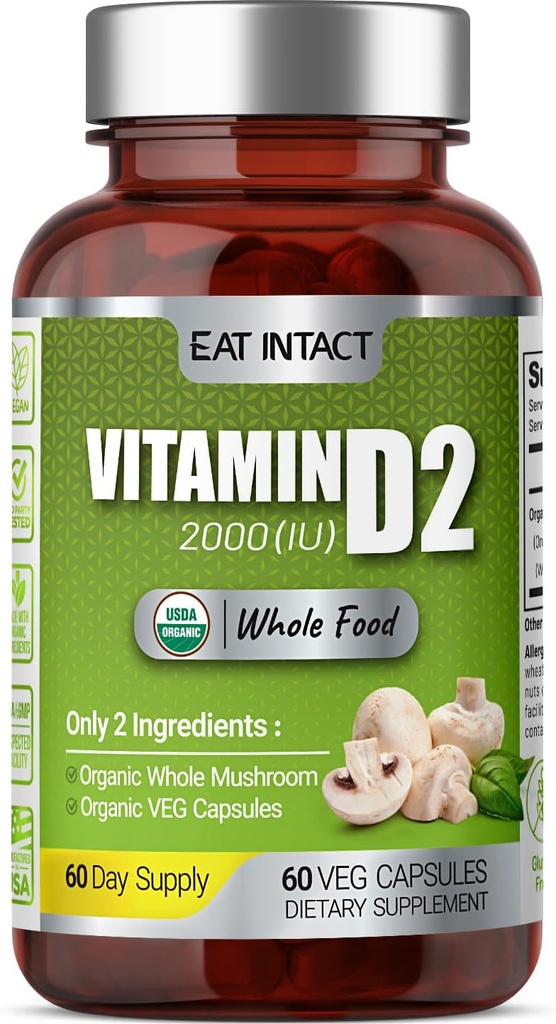 Vegan All Food Vitamin D, 2000 IU (50 mcg), D2, Dvě složky (Organic Whole Houby and Organic Vegan Capsule), Non- GMO, Třetí strana Testováno, 60 Den Dodávka