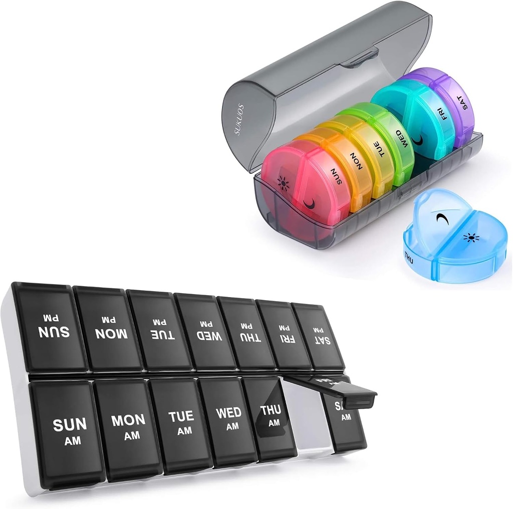 2 Pack Týdenní pilulkový pořadatel 7 den 2 krát denně, Sukuos Velké denní pilulky box na pilulky / vitamín / rybí olej / doplňky, BPA zdarma Pouzdra, snadné čištění
