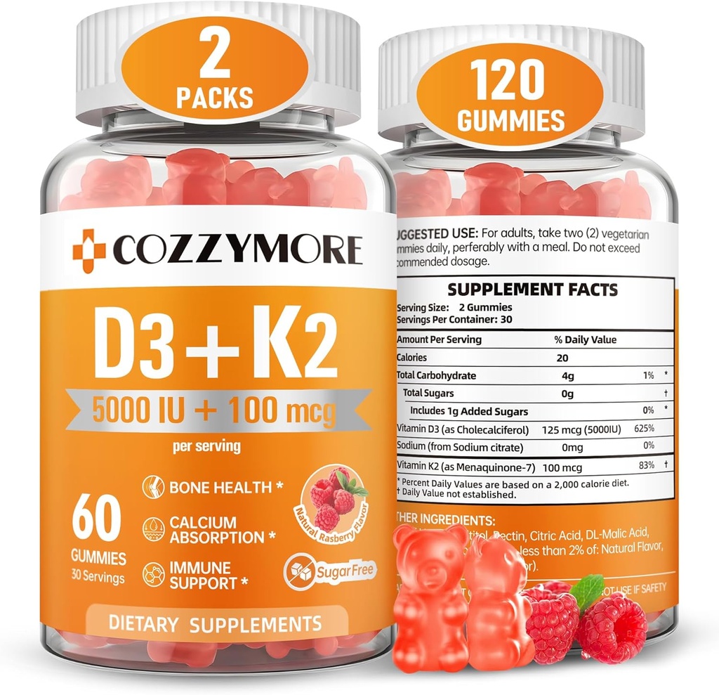 Sugar Free Vitamin D3 K2 Gummies, Vitamin D Gummies Dodatek, 10000 IU + 200mcg D3 a K2 Doplňky, Chutné Gummy Vitamíny, Podpora pro kosti Muscle zuby Imunní, 60 Podání 120 Gummies, Malina