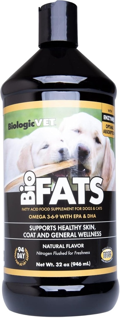 BiologicVET BioFATS - Obsahuje Omegas 3, 6 & 9 - s EPA, DHA & ALA - pro psa a kočku - Kožní a společná zdravotní podpora - Zahrnuje ryby, lněná semena a olivový olej - 32 f. oz.