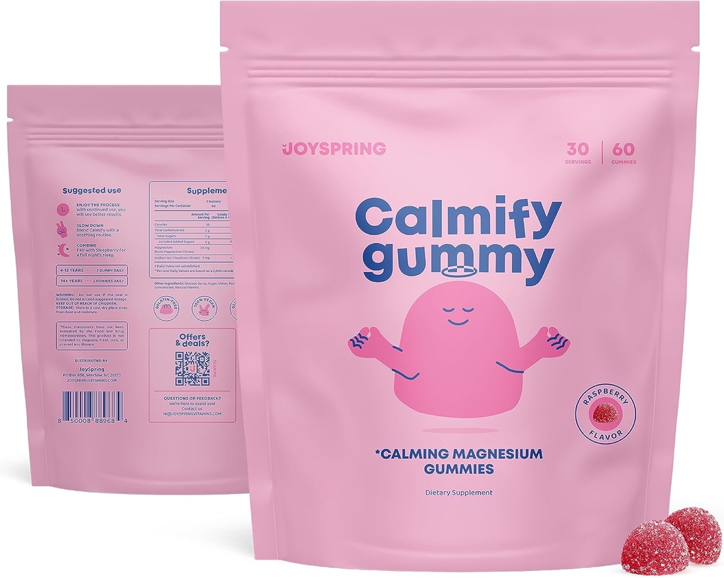 JoySpring Kids Magnesium Gummies - Klidná Gummies for Kids - Klidná podpora hořčíku přírodní pro Toddlers & Teens Chutné nízké cukr uklidňující 60 Počet
