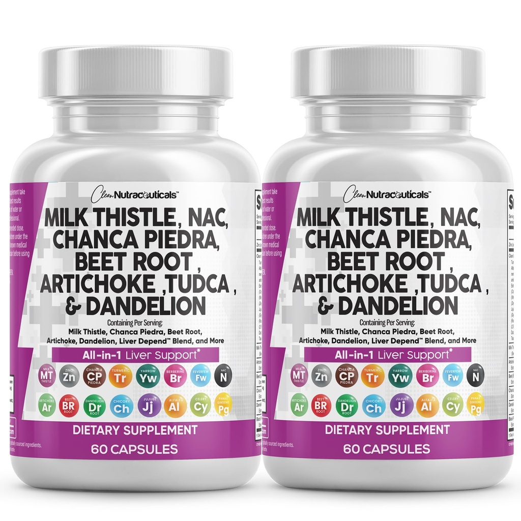 Clean Nutraceuticals Milk Thistle NAC Chanca Piedra Beet Root Artichod Dandelion Root - dodatek k čištění jater Plus TUDCA Cholin & Ginger - 2Pack