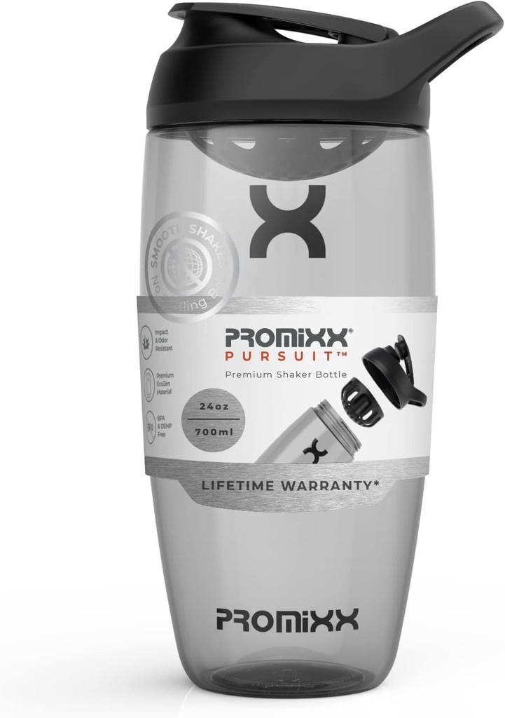 Promixx Pursuit protein Shaker Bottle (24 oz) - Silent No-Ball Mixer, Leak-Proof Lid, BPA / BPS & Phtalate-Free ECOZEN - Easy- Clean Shaker Cup for Protein Shakes, Pre & Post- Workout Smoothies