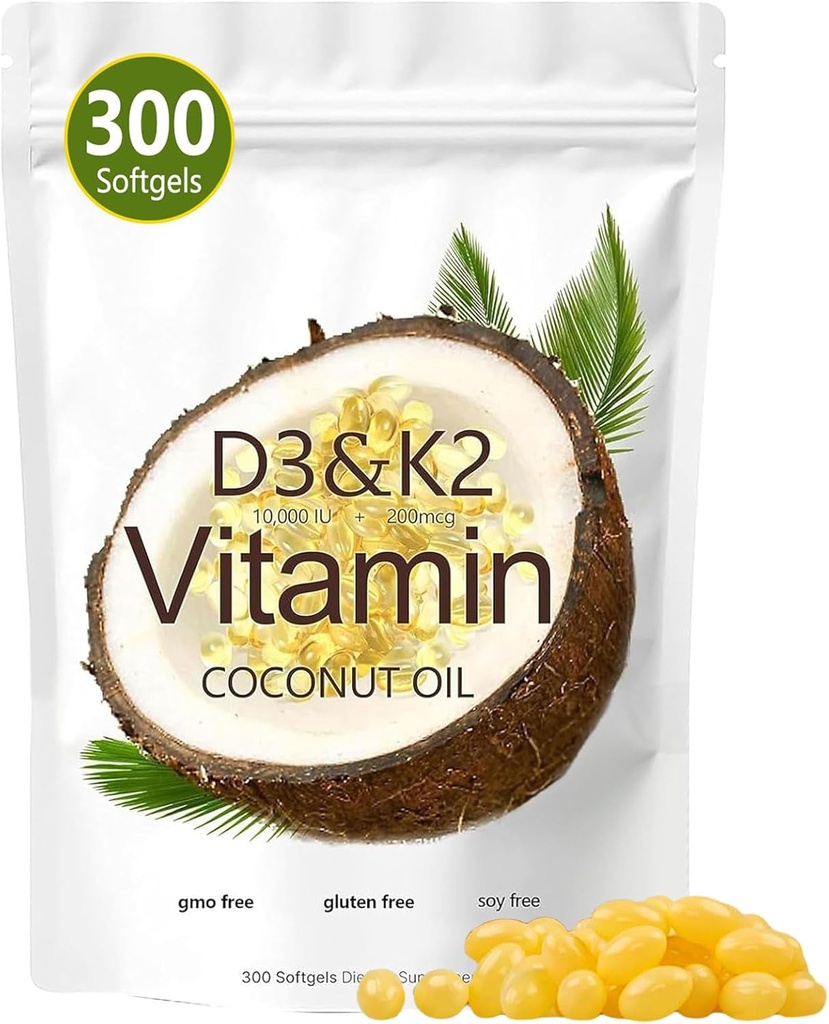 Vitamin D3 K2 Softgel, D3 K2 Vitamin 10000 IU, 10000 IU VIT D3 + 200 MCG Vitamin K2, bez GMO, gluten, Soy, zdraví kostí, podporuje absorpci vápníku, 300 gelů
