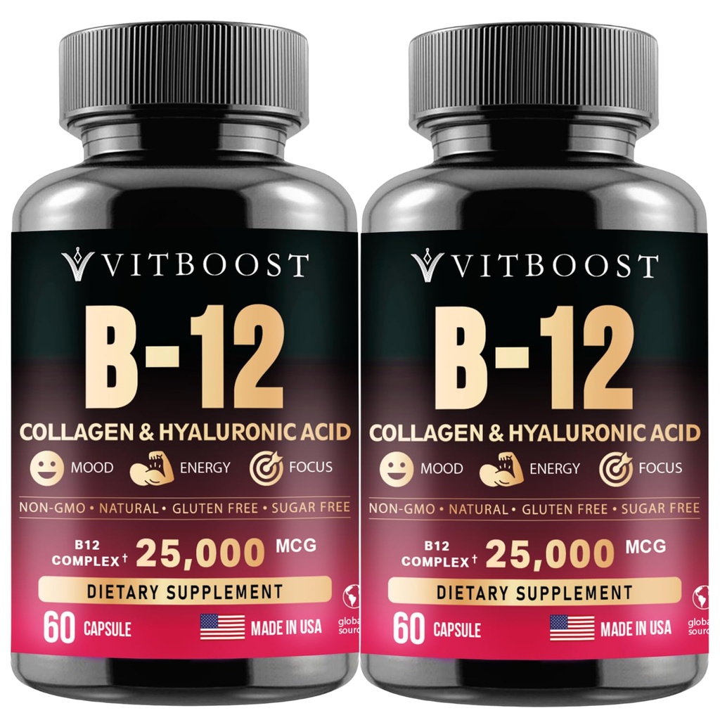 B12 Methylkobalamin s hyaluronovou kyselinou, kolagenem a folátem - 25000 mcg Supplement Enhance Absorption & Boost Energy Amend124; Gluten- Free, Made in USA, B1, B2, B3, B6, B7 Complex - Balení 2