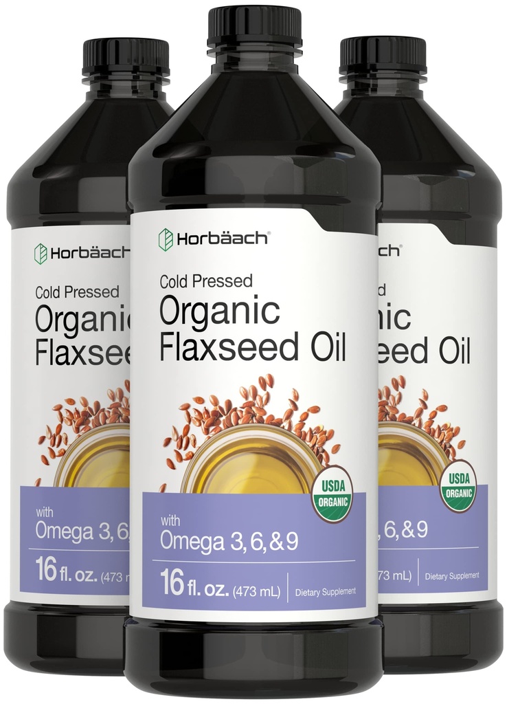 Horbäach Organic Flaxseed Oil Oil 124; 3 Pack Oil 124; 16 fl oz Each OF 124; Cold Pressed Oil 124; with Omega 3, 6, 9 Omega 124; Vegetarian, Non- GMO, Gluten Free Liquid