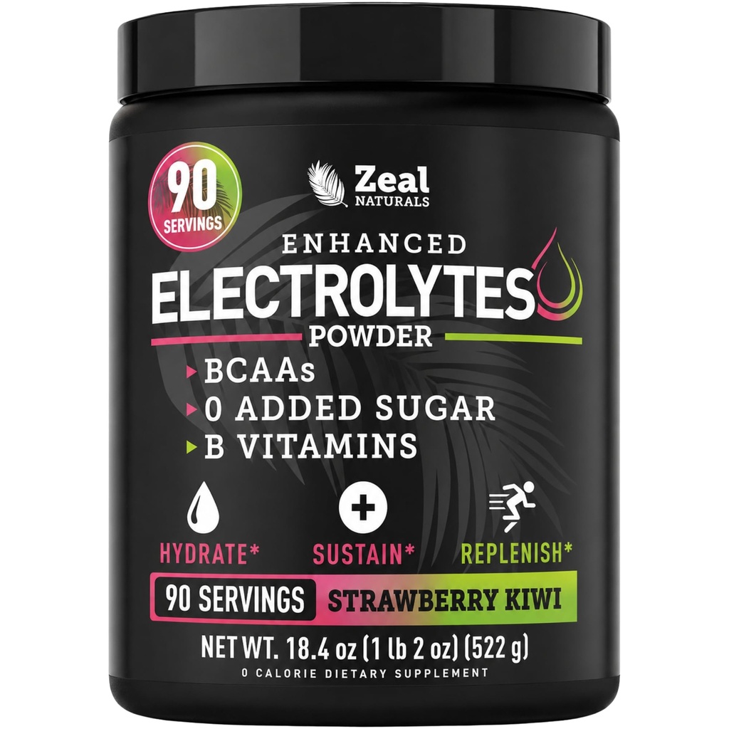 Zeal Naturals Electrolyte Powder Recovery Drink (90 Služeb 124; Jahody Kiwi) w 0 Cukr + BCAA + B-Vitamíny Elektrolyte Supplement w Draslík Zinek a hořčík pro hydrataci - Keto Electrolytes