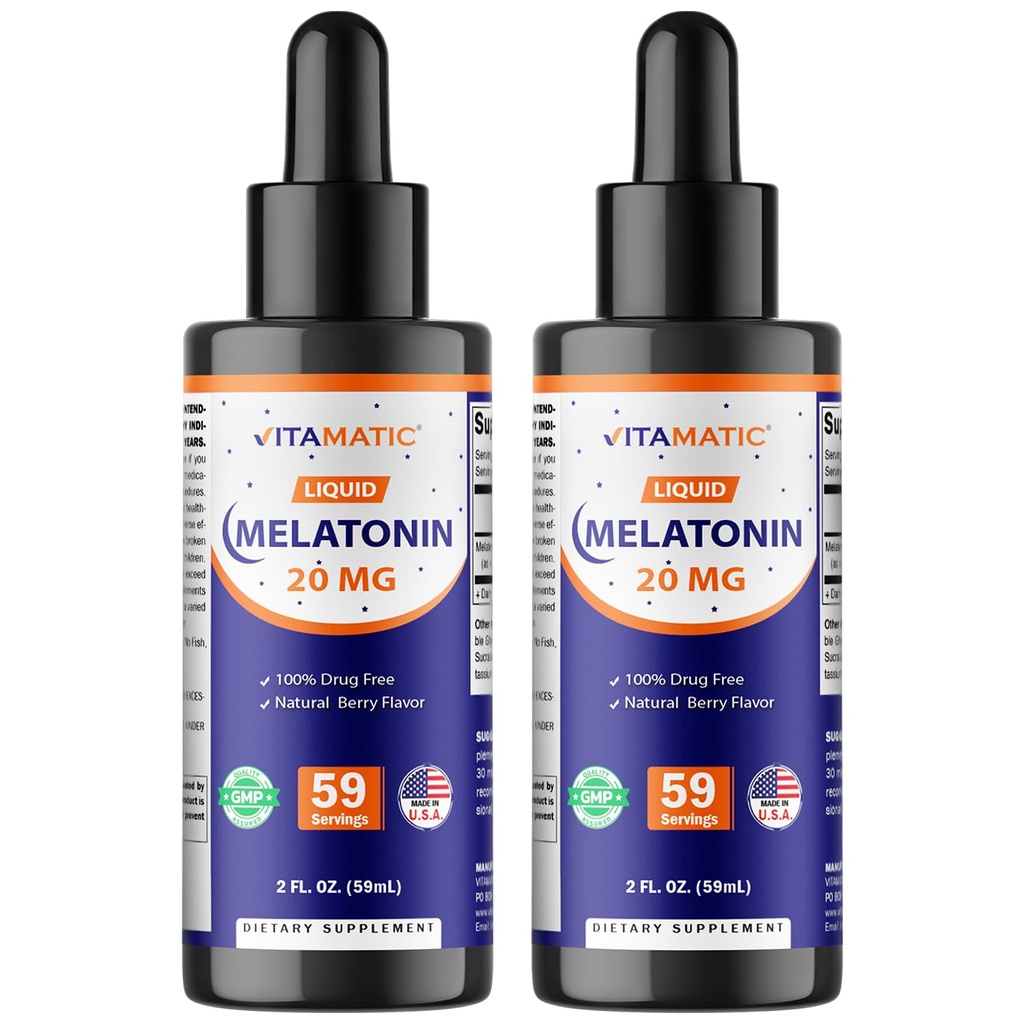 Vitamatic 2- Pack melatonin 20mg Liquid Drops - 2 fl oz (59 ml) Každý - Přírodní Berry Flavor - Non- GMO, vegetariánský dodatek pro dospělé