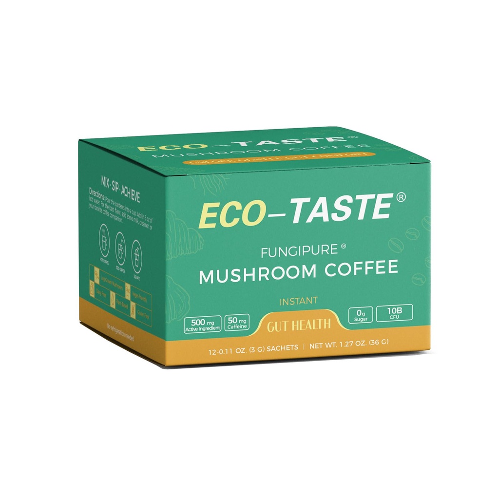 ECO- TASTE Houbový kávový mix, určený pro Gut- Health s Chaga, Lion 's Mane, Turkey Tail, Yacon a Probiotika - 12 Sachets