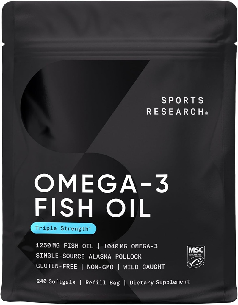 Sport Research Triple Strength Omega 3 Fish Oil - Bezproblémový doplněk rybího oleje w / EPA & DHA Fatty Acids from Wild Alaskan Pollock - Heart, Brain & Imunitation Support for Men & Women - 1250 mg, 240 ct
