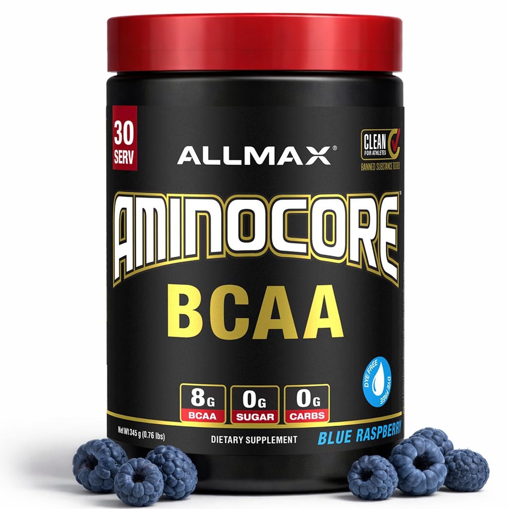 ALLMAX Nutrition AMINOCORE BCAA - 8G BCAA - 100% čisté rozvětvené aminokyseliny - gluten Free - Blue Raspberry - 315 gramů