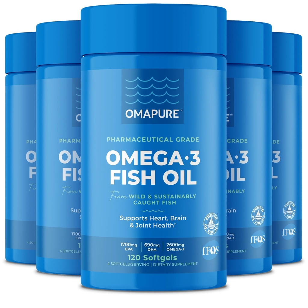 Doplňky rybího oleje s Omega 3 mastné kyseliny (5 lahví, 120 Softgels) - High EPA, DHA, & IFOS Rybí olejové pilulky Podpora srdce a společné zdraví - Bezproblémové rybí olej podporuje funkce mozku