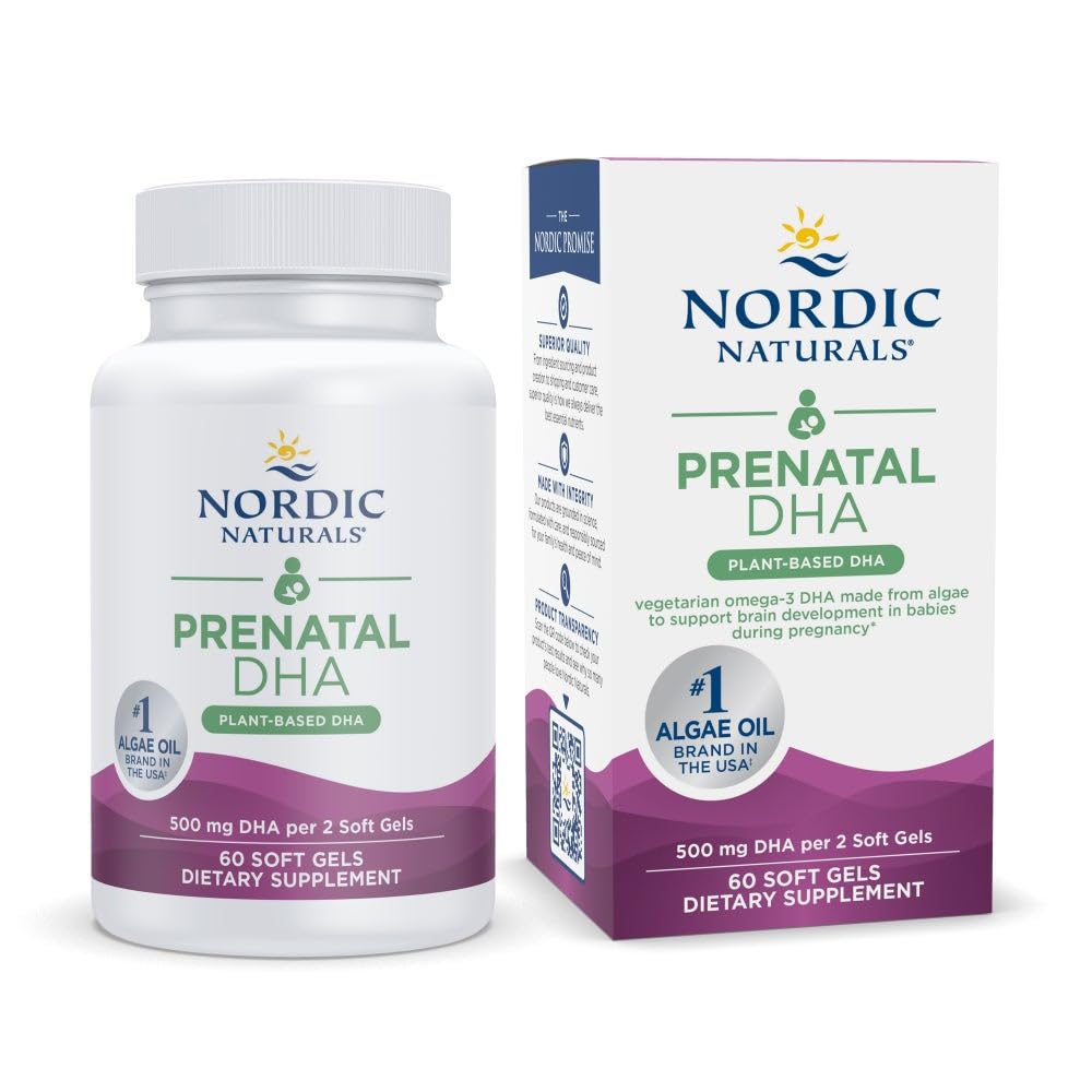 Nordic Naturals Vegan Prenatal DHA, Neochucené - 60 Soft Gels - 500 mg Plant- Based DHA - Podporuje vývoj mozku u dětí a zdravé těhotenství - Non- GMO - 30 Služebnictví