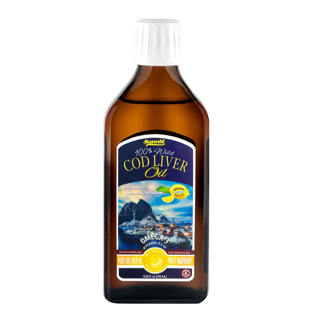 Sanniti 100% přírodní treska jaterní olej, 1081 mg Omega33 mastné kyseliny, Wild Catch Nordic, 250 ml (8.4 oz) (Lemon)