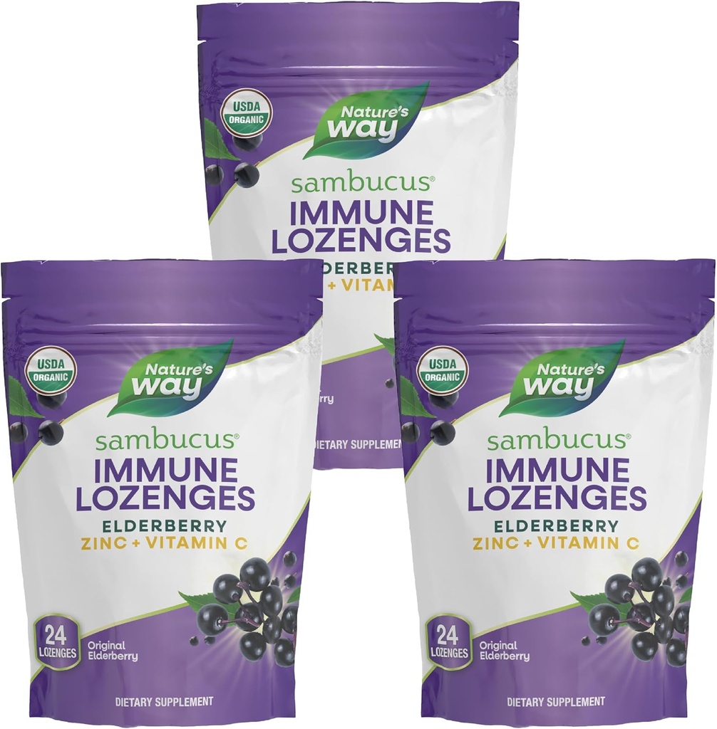 Nature 's Way Sambucus Imunitary Lozenges, Zinek + Vitamin C, Black Elderberry Extract, USDA Certified Organic, Original Berry Ochucené, 24 Lozenges (Balení května Vary) - 3 Pack
