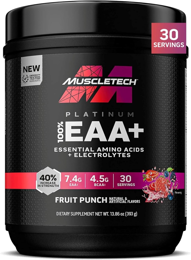 MuscleTech Platinum Essential Amino Acids dodatek s elektrolyty, ovocný punč - Předcvičení prášek pro energii, růst svalů a sílu Builder - EAA Komplex pro muže a ženy - 30 Služeb