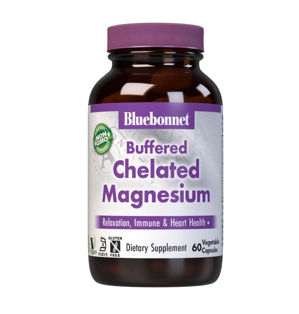 Bluebonnet Nutrition Albion Buffered Chelated Magnesium 200 mg, oxid hořečnatý, Relief, Vegan, Non GMO, gluten Free, Soy Free, Mléko zdarma, Kosher, 60 Zeleninové kapsle, 1 měsíc Dodávka