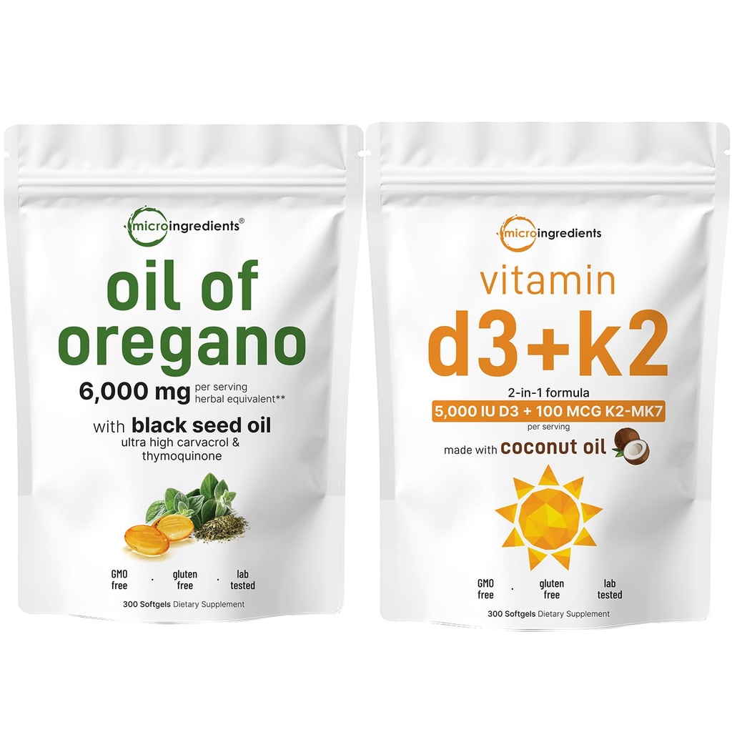 Micro Ingredients Oil of Oregano Softgels 6 000 mg Per Serving & Vitamin D3 5000 IU Plus K2 (MK-7) 100 mcg, 300 Virgin Coconut Oil Softgels Bundle Pack 124; 4X Síla Carvacrol & Thymoquinon IR 124; esenciální