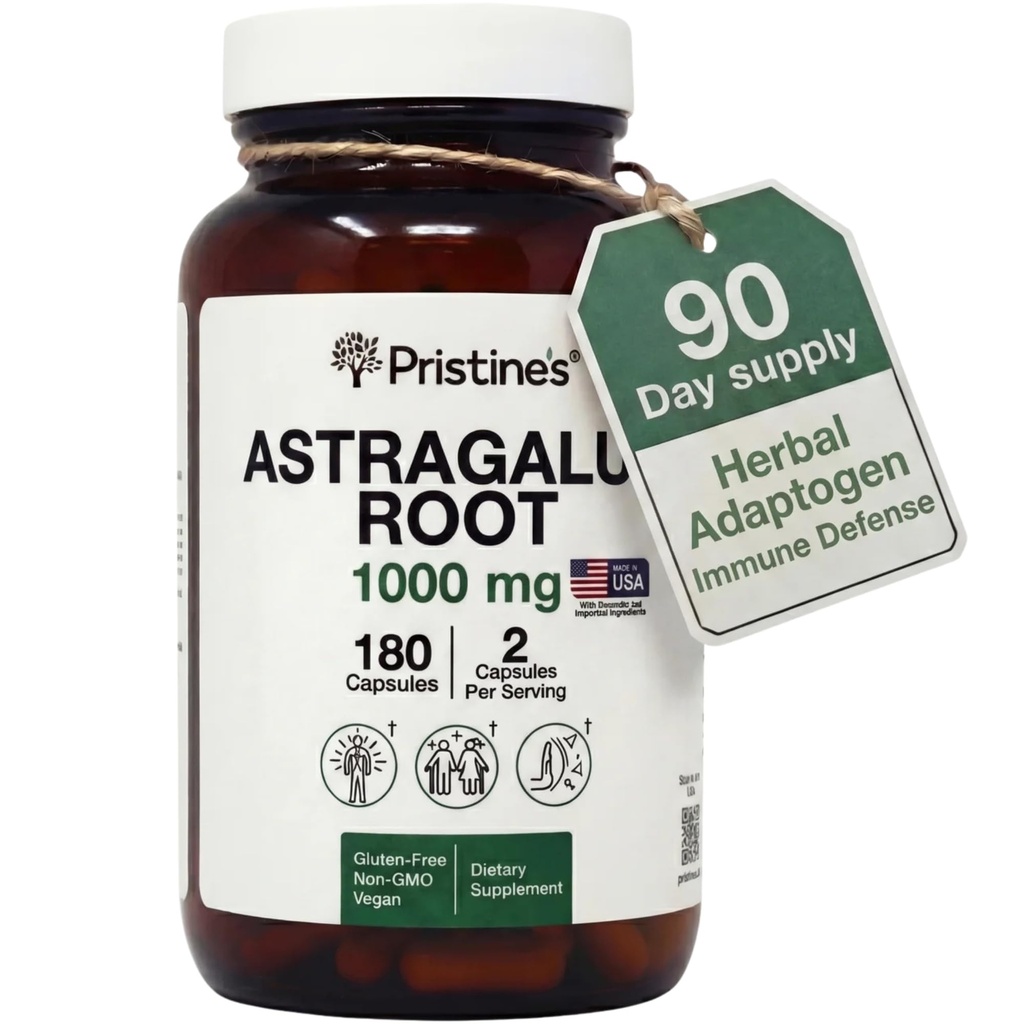 PRISTINE Astragalus Root Imunitation Supplement Capsules -1000mg 90 Day Supply Herbal Adaptogen - Zdravé stárnutí, srdce a plíce zdraví