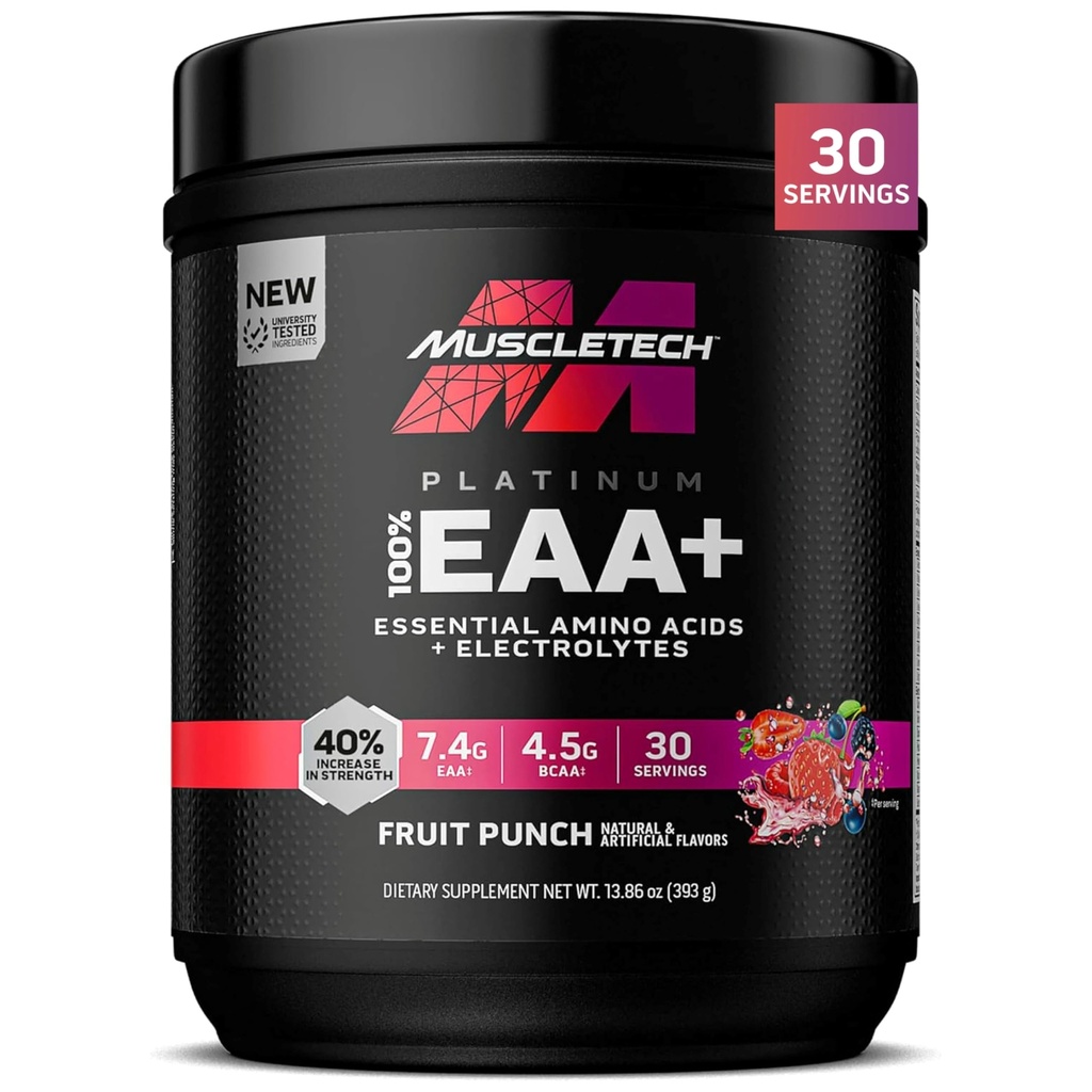 MuscleTech Platinum Essential Amino Acids dodatek s elektrolyty, ovocný punč - Předcvičení prášek pro energii, růst svalů a sílu Builder - EAA Komplex pro muže a ženy - 30 Služeb