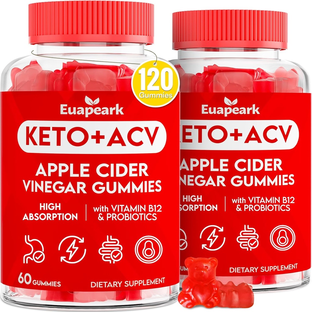Jablečné octové gumy, Keto ACV gumy s probiotika, vitamín B12 & Keto podpora, 2000 mg ACV s matkou pro potravu, metabolismus, čištění a detox dieta, Vegan, Nízký cukr, 120 Počítá