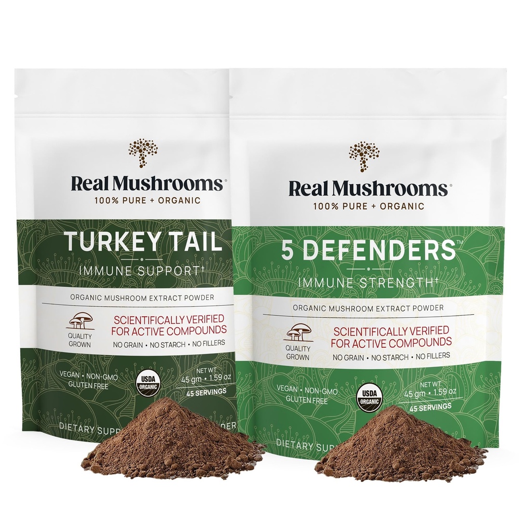 Real Houby Turecko Tail (45g) a 5 obránců (45g) Houba Extract Powder Bundle - Houbový dodatek pro imunitní sílu - Vegan, Non- GMO doplněk imunity