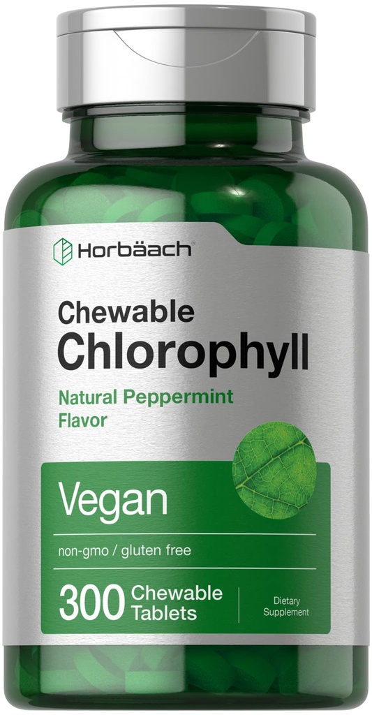 Horbäach Chlorofyl pilulky 124; 300 žvýkací tablety 124; přírodní peprmint Flavor 124; Vegan, Non- GMO & gluten zdarma dodatek