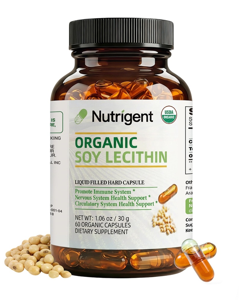 USDA Organic Soy Lecithin Supplement 800 mg, High Absorption Liquid Organic Capsules, Choline Lecithin Supplement for Brain & Jaterní Health Support, Non- GMO, gluten Free, 60 Počet