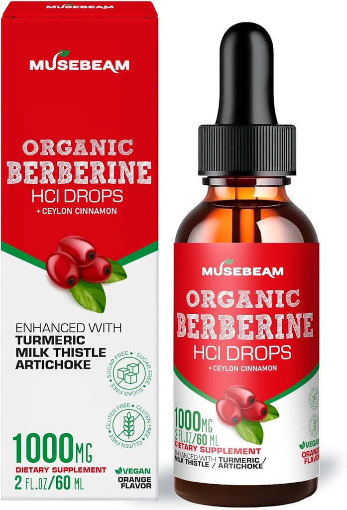 Organic Berberine HCl 1000mg Liquid Drops - s Ceylon Cinnamon Turmeric Milk Thistle Artichode - Vysoký doplněk biologické dostupnosti pro muže ženy - Vegan cukr zdarma gluten zdarma 2fl. oz (60ml)